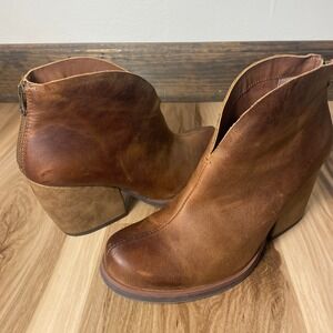 Korks Brown Leather Gemini Ankle Booties Block Heel Back Zip Womens 8.5M